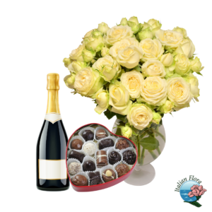 Bouquet di rose bianche cioccolatini e spumante