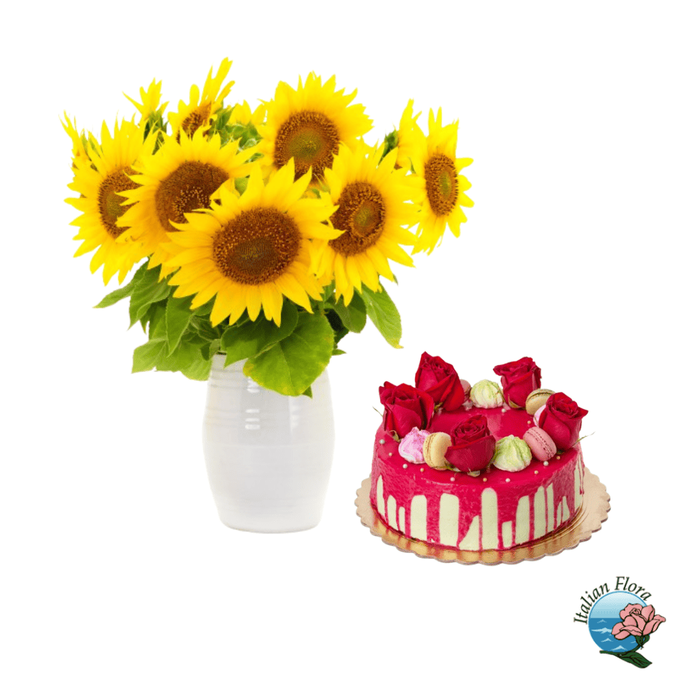 Bouquet di girasoli e torta moderna