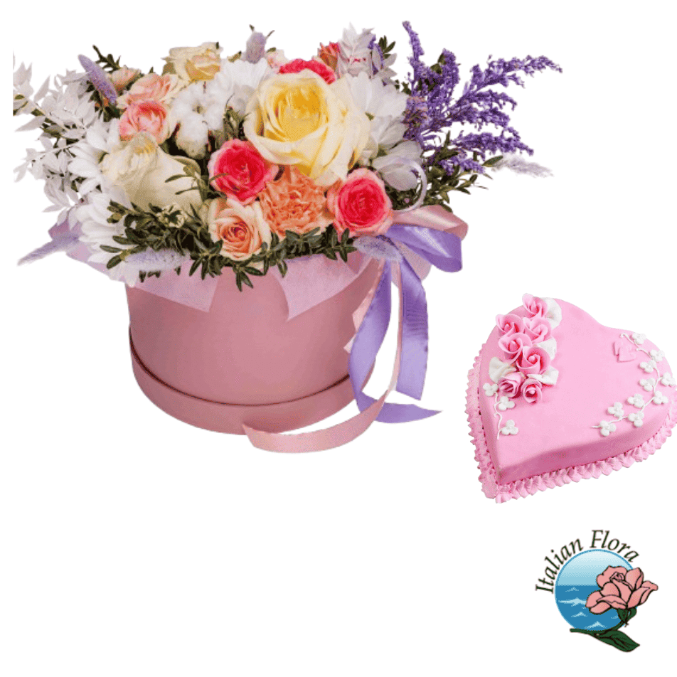 Flower box colorata con torta a forma di cuore