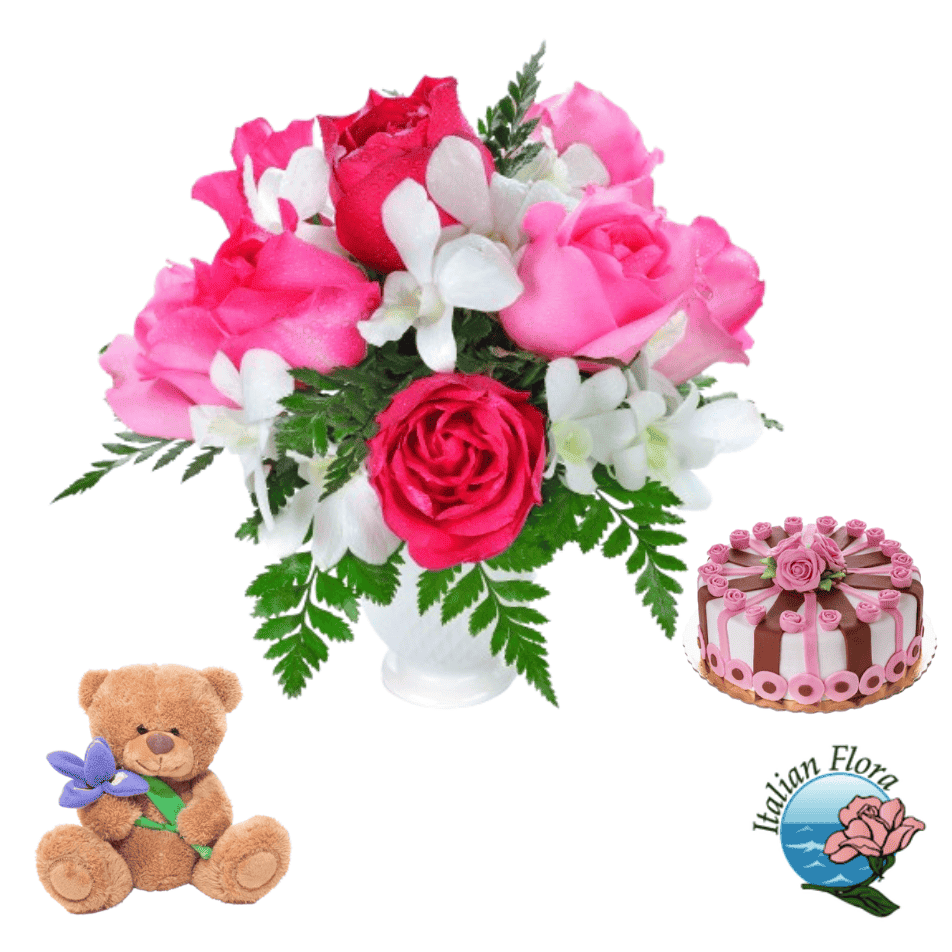 Bouquet bianco e rosa con orsacchiotto e torta elegante