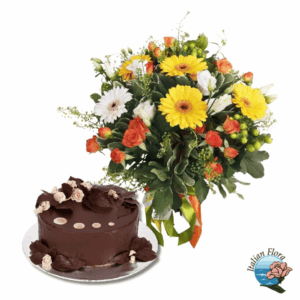 Bouquet giallo e arancione con torta al cioccolato