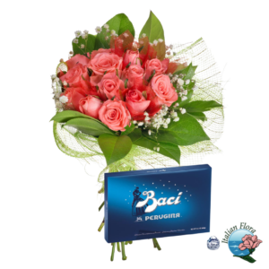 Bouquet di rose rosa con scatola di baci perugina