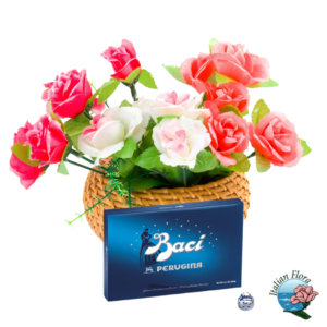 Cesto di rose rosse e bianche con baci perugina