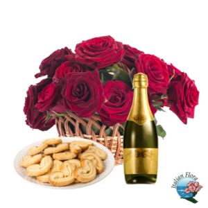 Cesto di rose rosse con spumante e biscotti