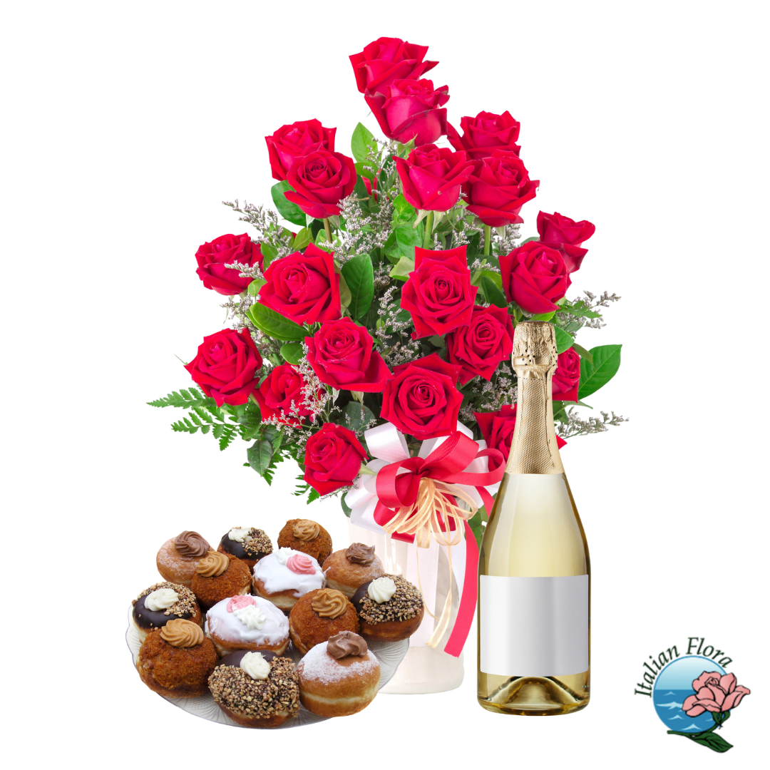 Mazzo di rose rosse con pasticcini e spumante