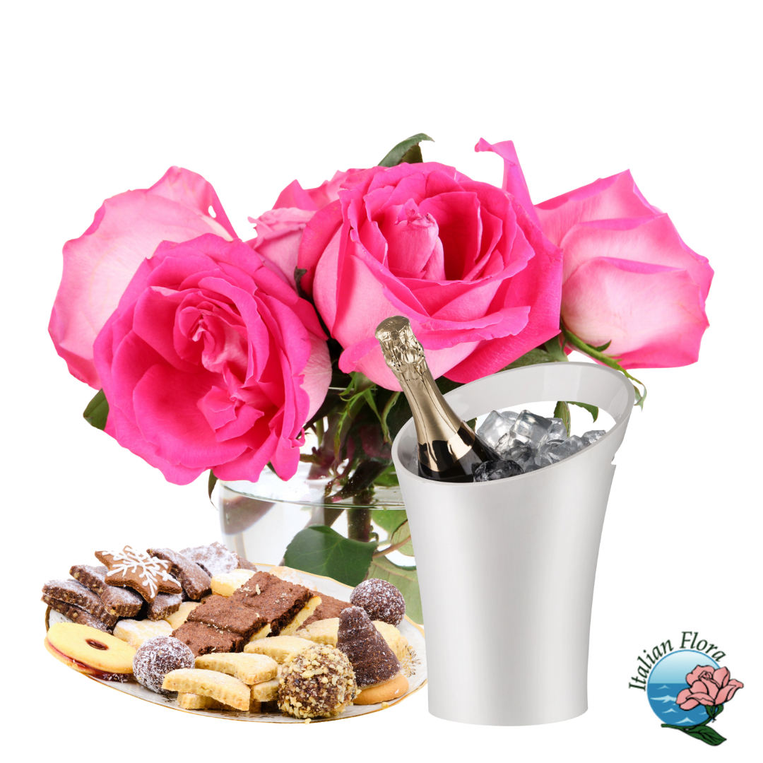 Bouquet di rose rosa con biscotti e prosecco