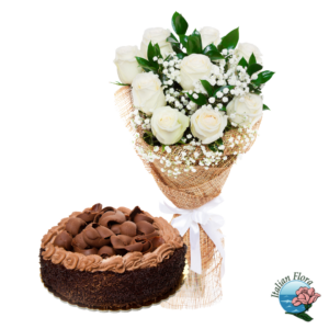 Bouquet di rose bianche e torta crema e cioccolato