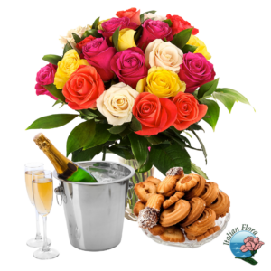 Bouquet di rose colorate biscotti e spumante