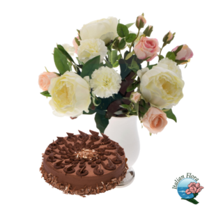 Bouquet con rose bianche e rosa e torta al cioccolato