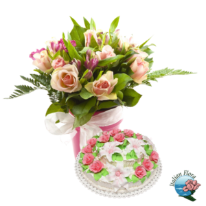 Bouquet di rose rosa con torta alla panna