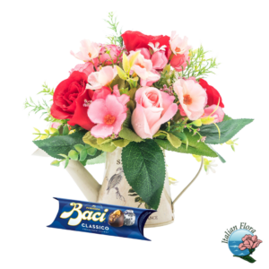 Bouquet con fiori rossi e rosa con baci perugina