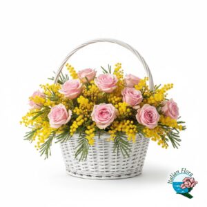 Cesto di rose rosa e mimosa