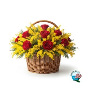 Cesto di rose rosse e mimosa