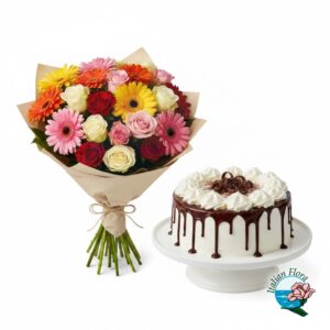 Bouquet di rose e gerbere colorate con torta panna e cioccolato
