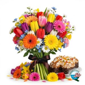 Bouquet con gerbere e tulipani con colomba pasquale