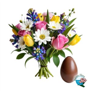 Bouquet con tulipani e fiori misti e uovo di cioccolato