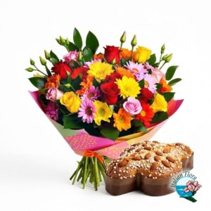 Bouquet misto colorato con colomba pasquale