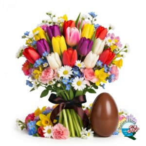 Bouquet con tulipani e fiori misti e uovo di cioccolato