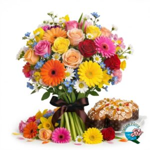 Bouquet misto colorato con colomba pasquale