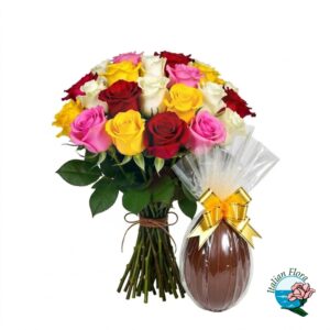 Bouquet di rose colorate e uovo pasquale