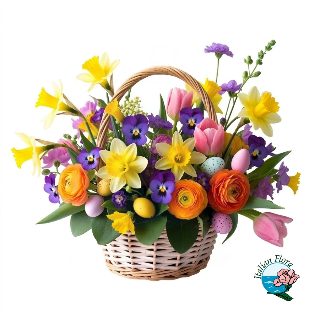 Cesto primaverile con decorazioni pasquali