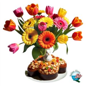 Bouquet con gerbere e tulipani con colomba pasquale