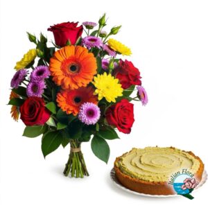 Bouquet misto colorato con torta al pistacchio