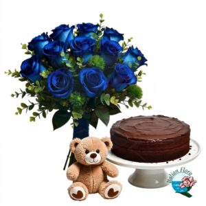 Mazzo di rose blu con peluche e torta al cioccolato