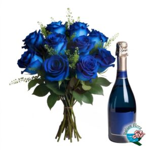 Mazzo di rose blu con bottiglia di prosecco