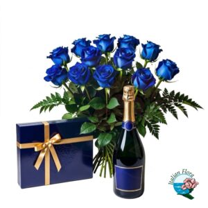 Mazzo di rose blu con cioccolatini e prosecco