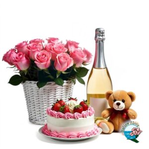 Cesto di rose rosa con torta alla panna orsetto e prosecco