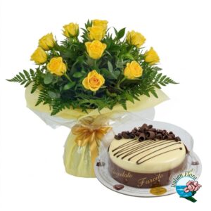 Mazzo di rose gialle con torta crema e cioccolato