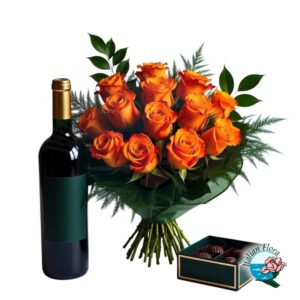 Mazzo di rose arancio con cioccolatini e bottiglia di vino rosso