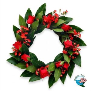 Corona di alloro per Laurea con Rose Rosse e fiori rossi