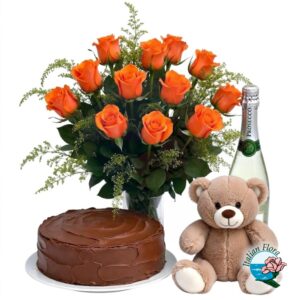 Mazzo di rose arancio con prosecco torta e orso di peluche