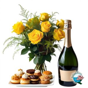 Mazzo di rose gialle con pasticcini e prosecco