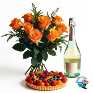 Mazzo di rose arancio con torta alla frutta e prosecco