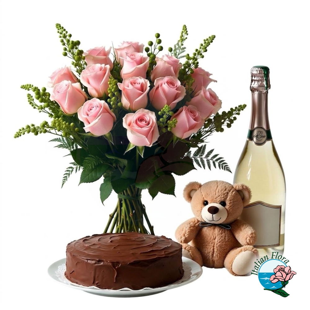 Mazzo di rose rosa con torta peluche e prosecco