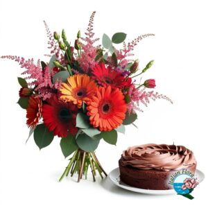 Bouquet rosso e arancio con e torta al cioccolato