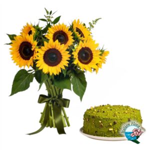 Bouquet con girasoli e torta al pistacchio