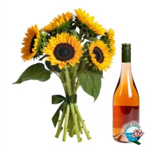 Bouquet con girasoli e bottiglia di vino