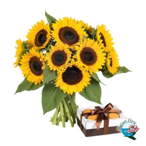 Bouquet con girasoli e scatola di biscotti