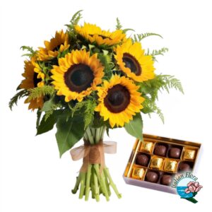 Bouquet con girasoli e scatola di cioccolatini