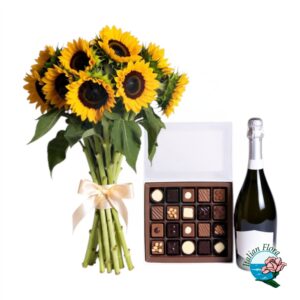 Bouquet con girasoli cioccolatini e prosecco