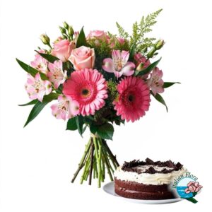 Bouquet misto rosa con torta panna e cioccolato