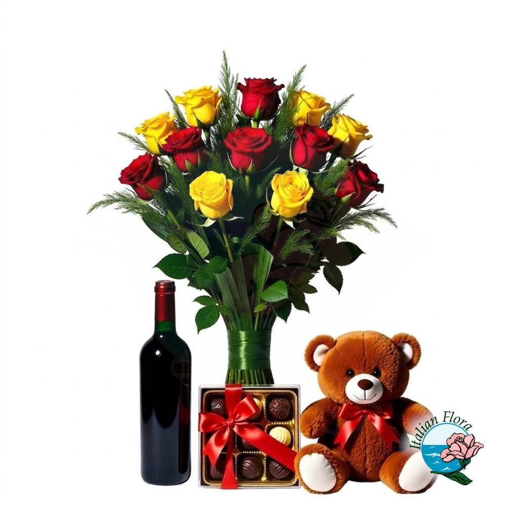 Mazzo di rose gialle e rosse con scatola di cioccolatini peluche e vino