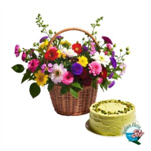 Cesto di fiori colorati con torta al pistacchio