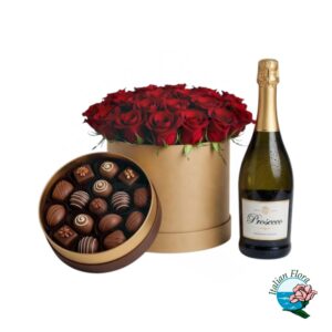 Flowerbox di rose rosse con cioccolatini e prosecco