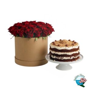 Flowerbox con rose rosse e torta panna e cioccolato