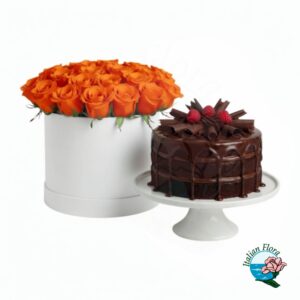 Flowerbox con rose arancio e torta al cioccolato